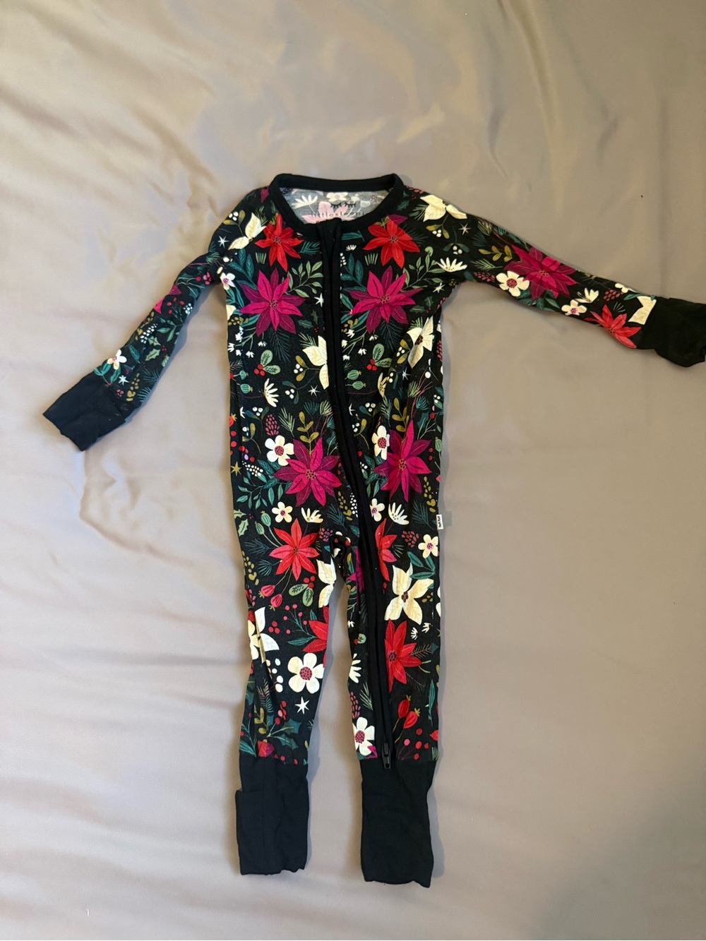 Little Sleepies Black Poinsettia Zip-Front Kids Pajama One-Piece